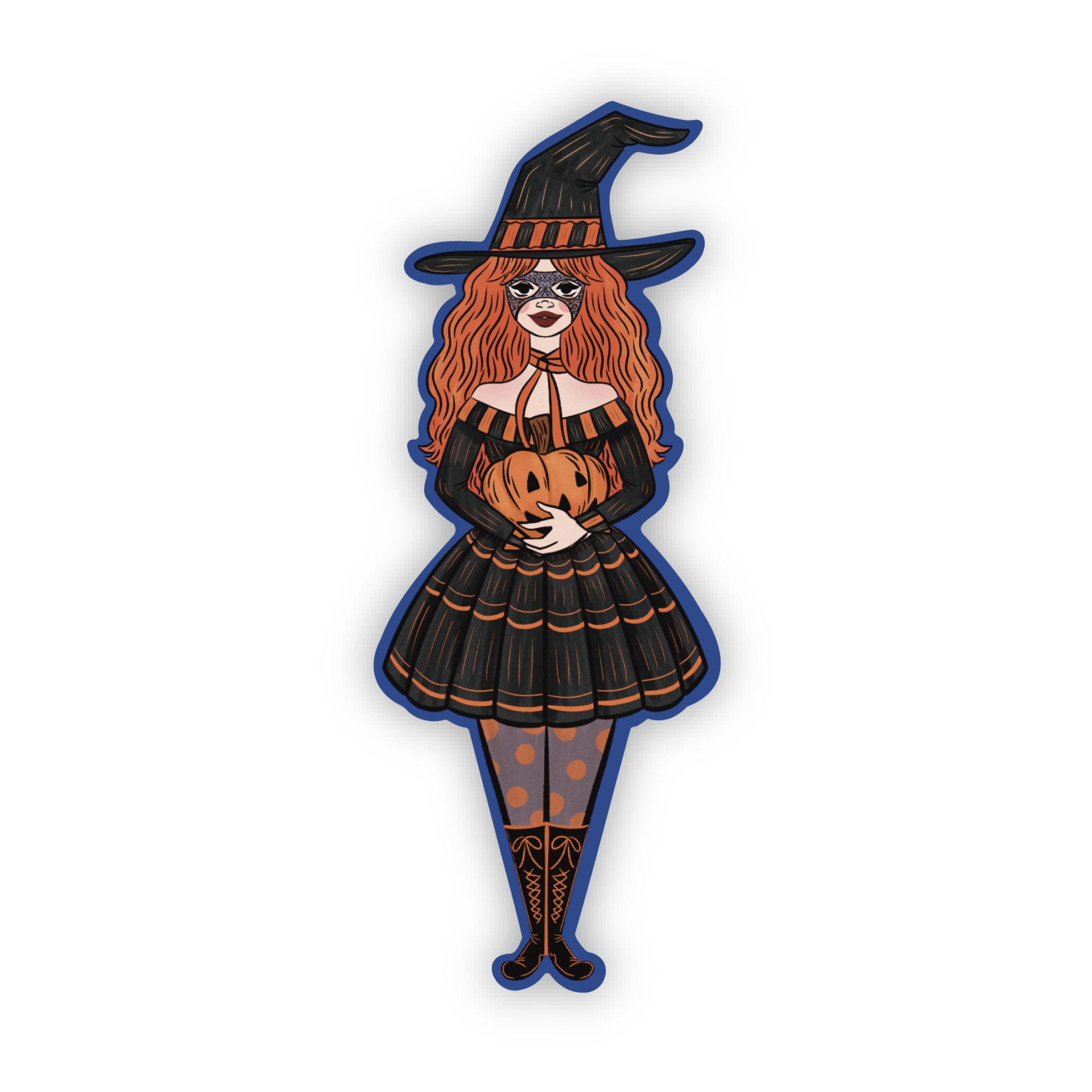 Witch Girl With Mask Holding a Pumpkin Sticker Retro Cute Illustration made of Waterproof Matte Vinyl ST048