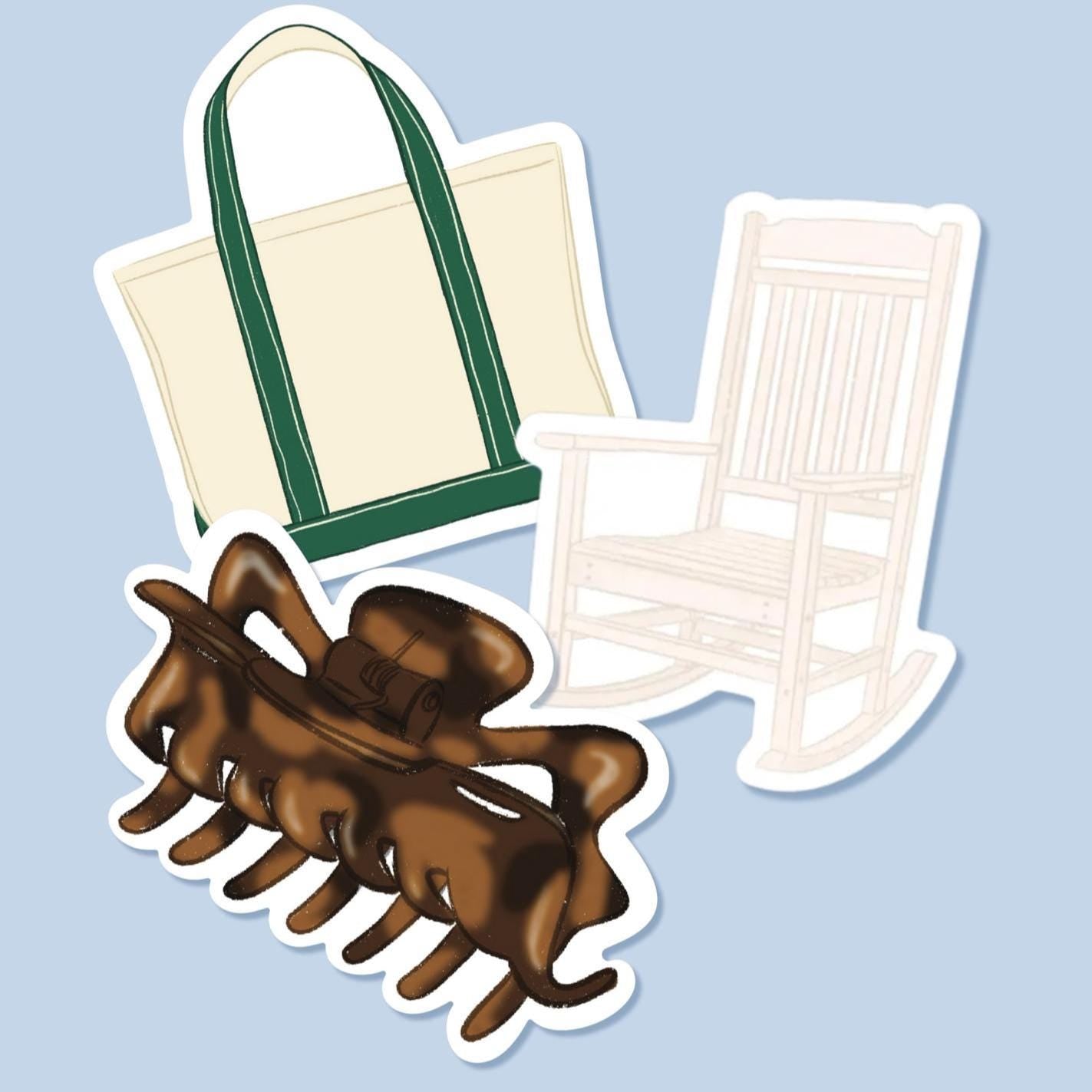 Bachelorette Party Favor Sticker Bundle Tortoise Shell Claw Clip Canvas Tote Bag Rocking Chair Illustrated Decal for Journal Scrapbooking