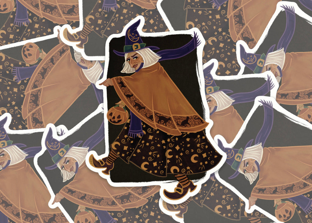 Halloween Witch Classic Style Trick or Treat Pumpkin Black Cat Cape Witch's Hat Half Moon and Stars Vinyl Water-proof Sticker Decal ST035