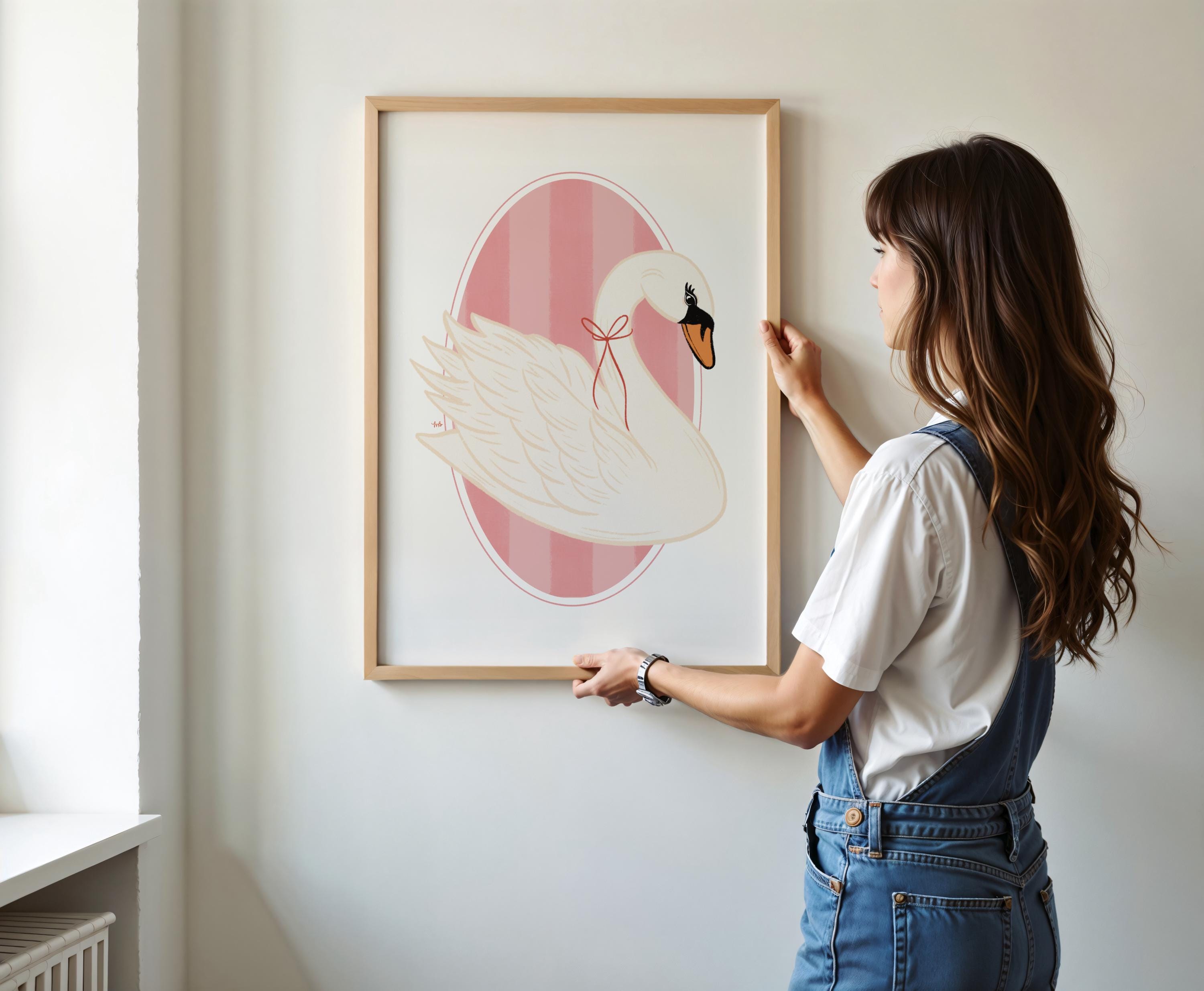 Coquette Swan Art Print Elegant Ballerina Aesthetic Soft Pink Vintage Gallery Wall Art Parisian Chic Home Decor Feminine Romantic Artwork