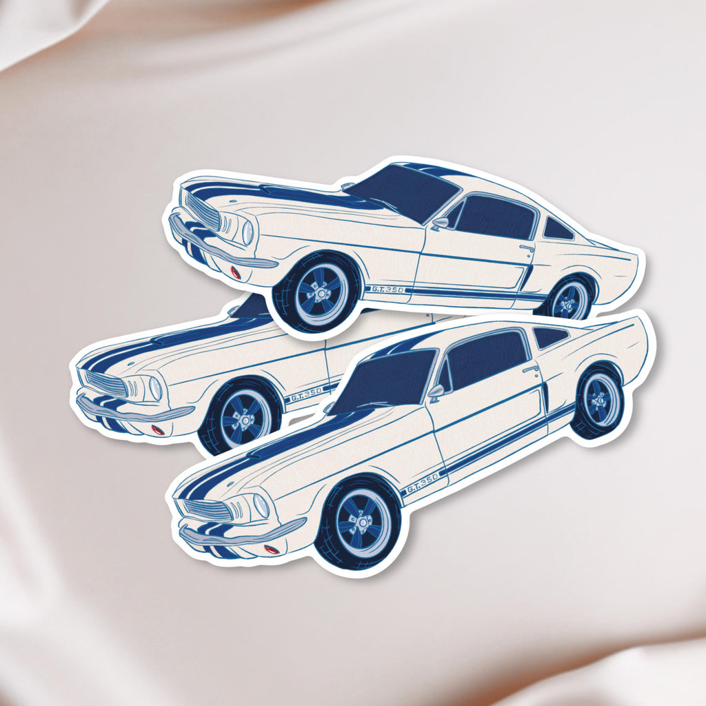 1967 Mustang Coupe Sticker: Blue Racing Stripes, Classic Car Art Race Car Enthusiast Illustration Waterproof Matte Vinyl Decal ST133