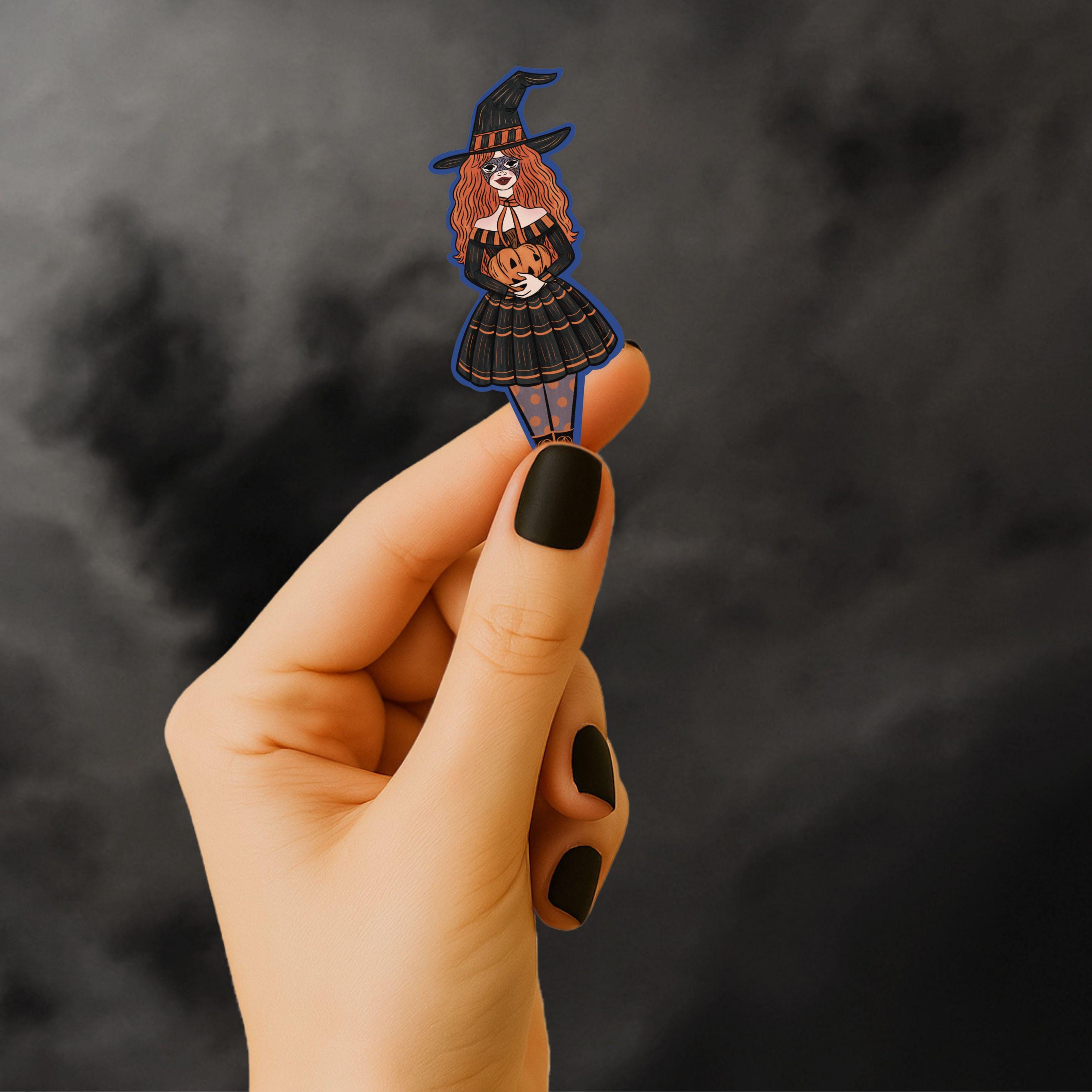Witch Girl With Mask Holding a Pumpkin Sticker Retro Cute Illustration made of Waterproof Matte Vinyl ST048