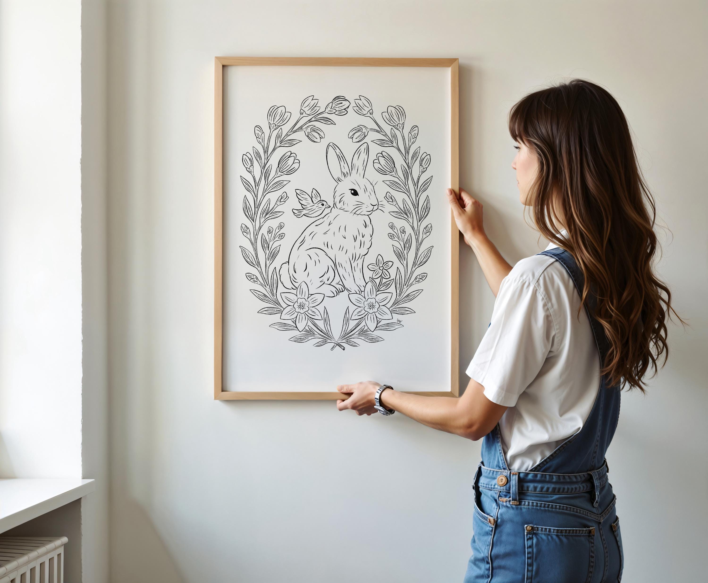 Adorable Spring Bunny Printable Wall Art Digital Download Whimsical Floral Rabbit Drawing Nursery Decor Cottagecore Bird Easter Aesthetic z