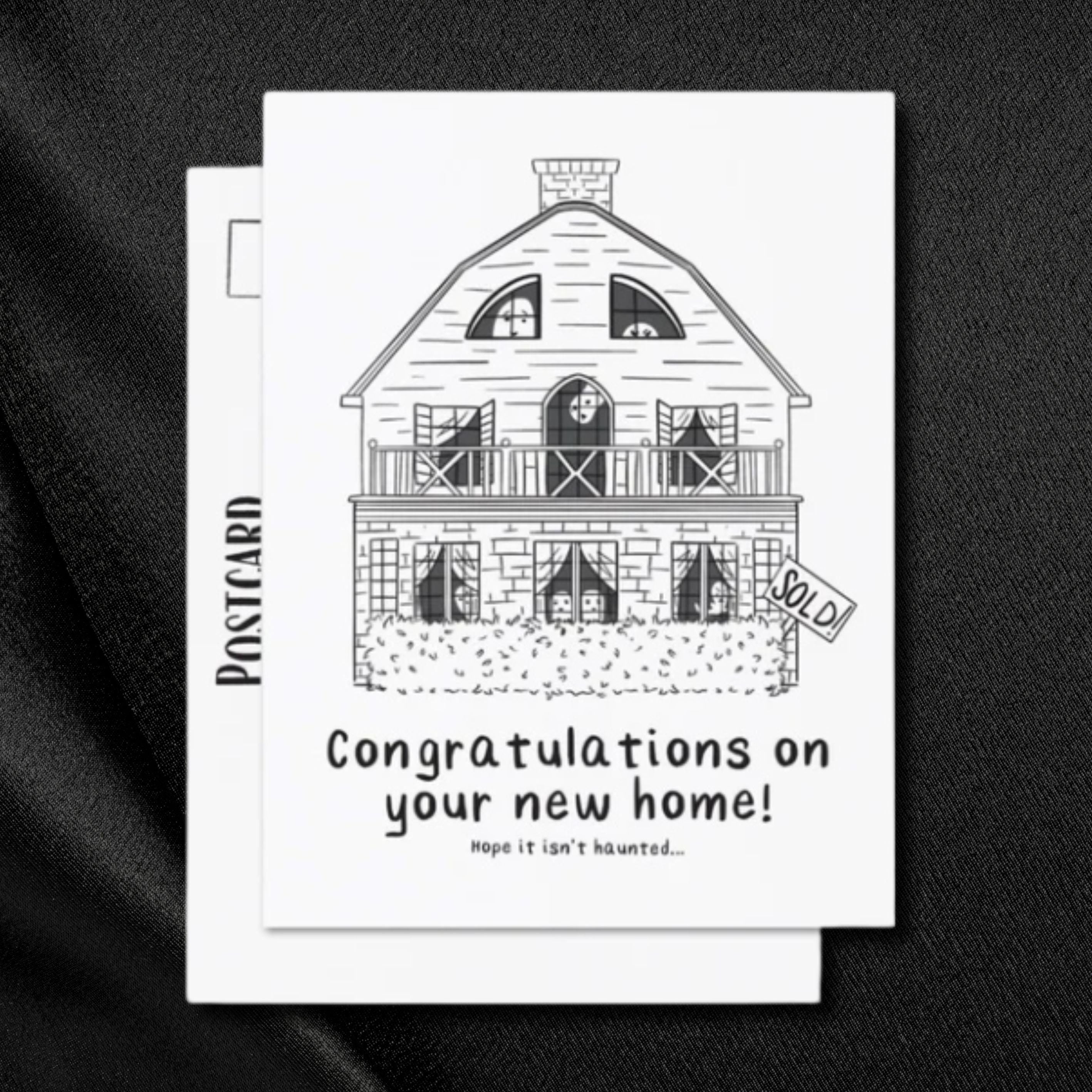 Congrats on Your New Home Postcard for new house congratulations greeting card haunted house with cute ghosts funny handwritten housewarming