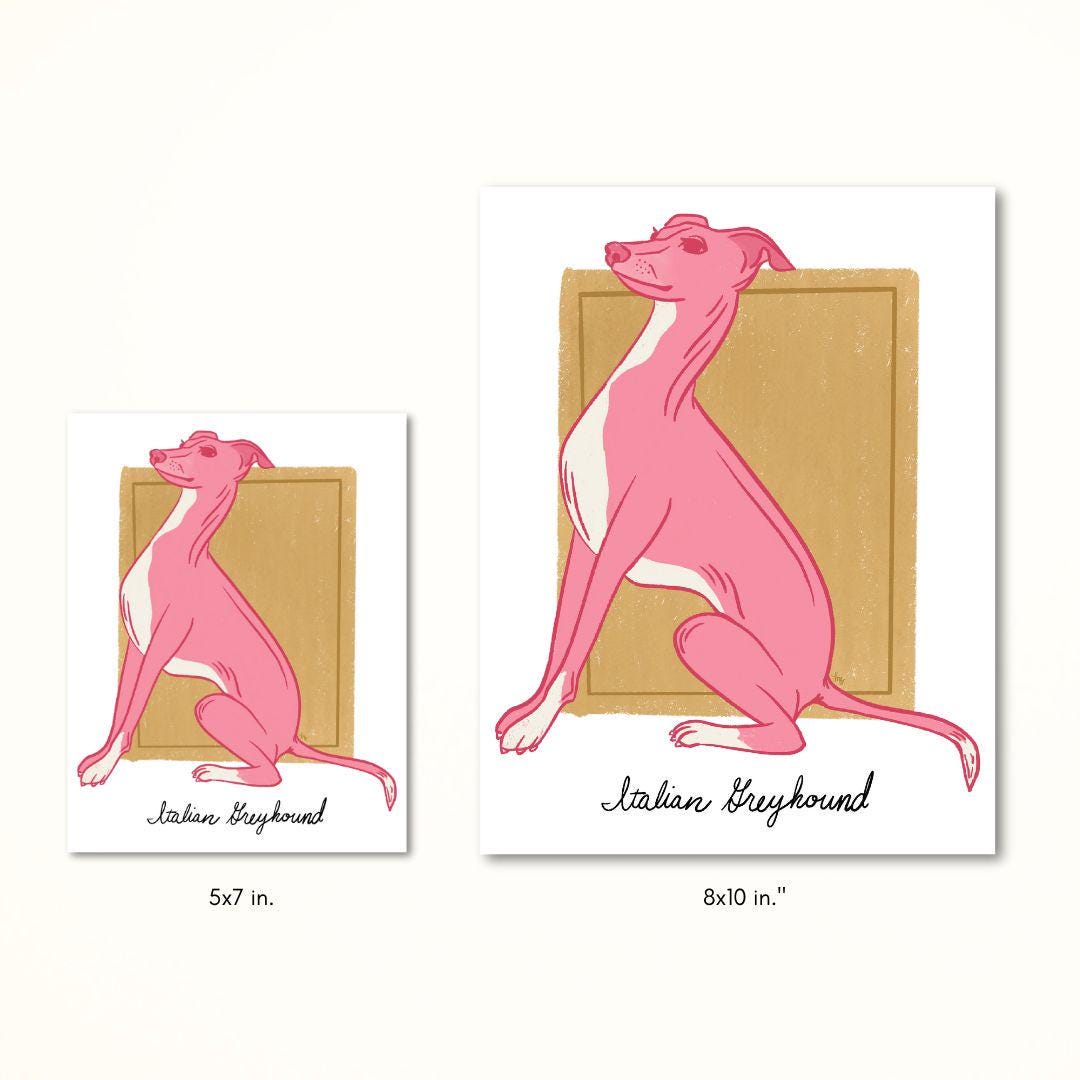 Custom Italian Greyhound Pink Dog Illustration Art Print Gift Idea for Pet Owner Gallery Wall Home Decor for Pet Owner Wall Art Custom Name