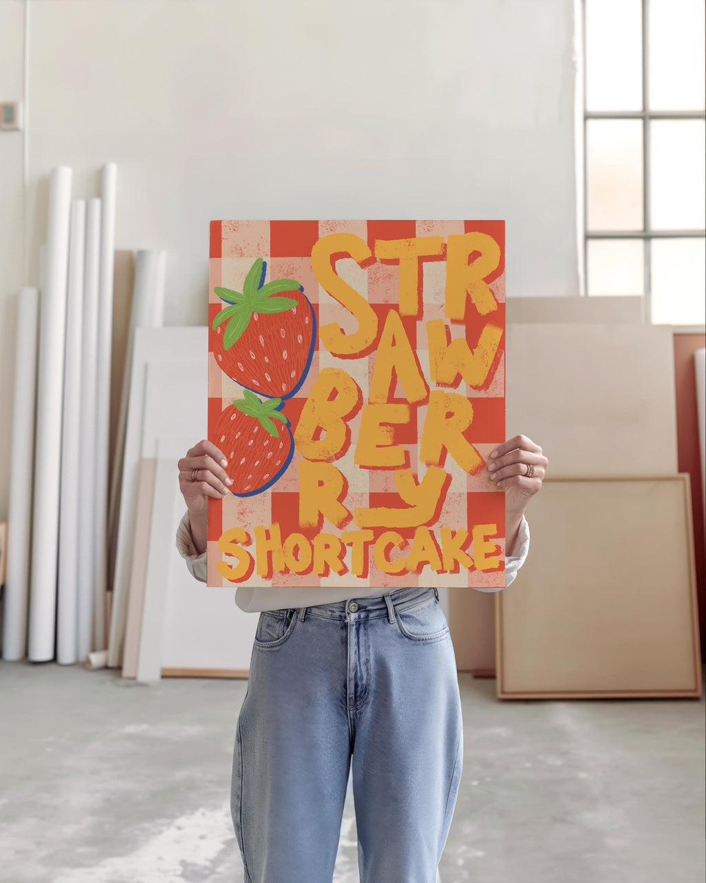 Strawberry Shortcake Kitchen Art Print Retro Printable Wall Art Gingham Fruit Poster Cute Dessert for Playful Kitchen Decor Instant Download