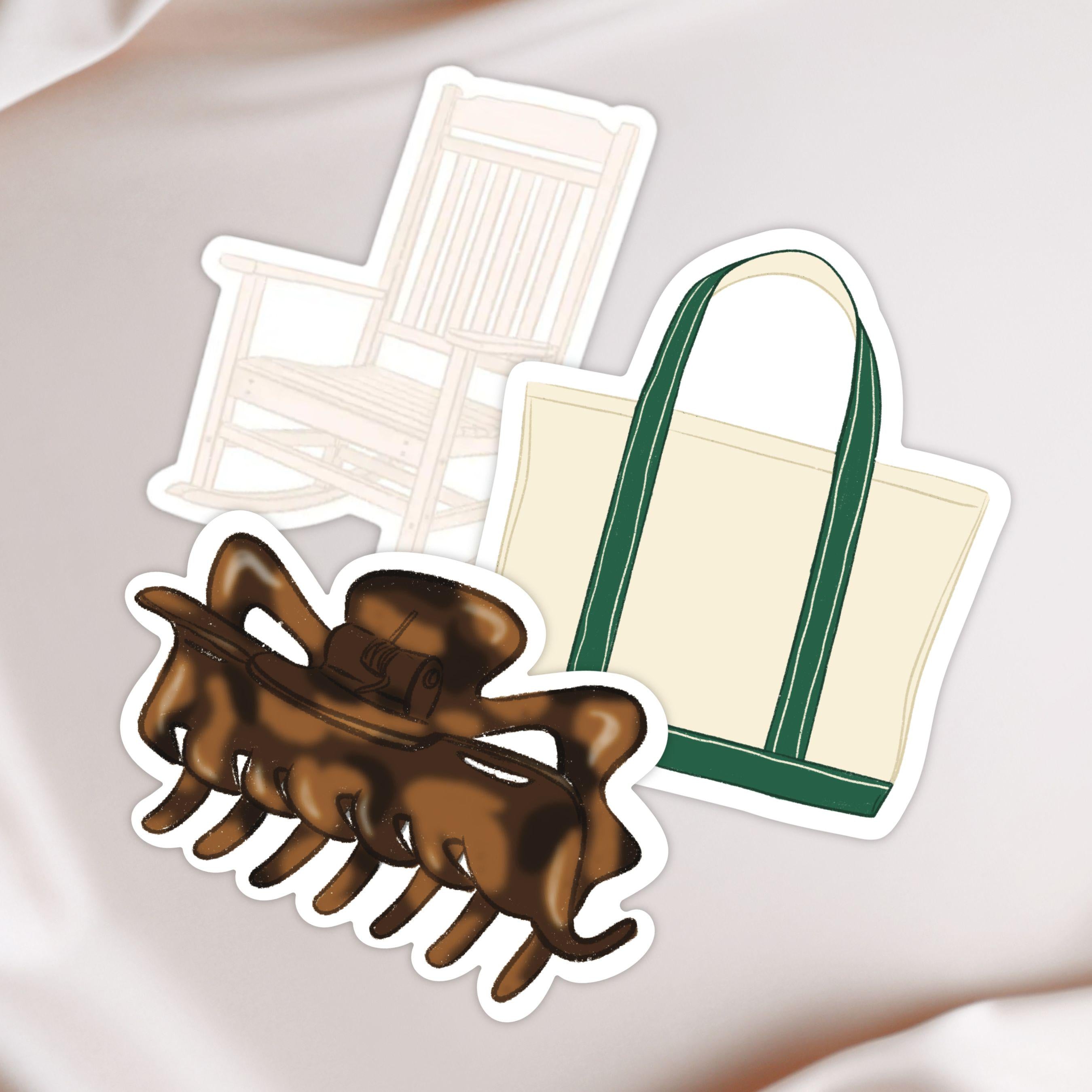 Bachelorette Party Favor Sticker Bundle Tortoise Shell Claw Clip Canvas Tote Bag Rocking Chair Illustrated Decal for Journal Scrapbooking