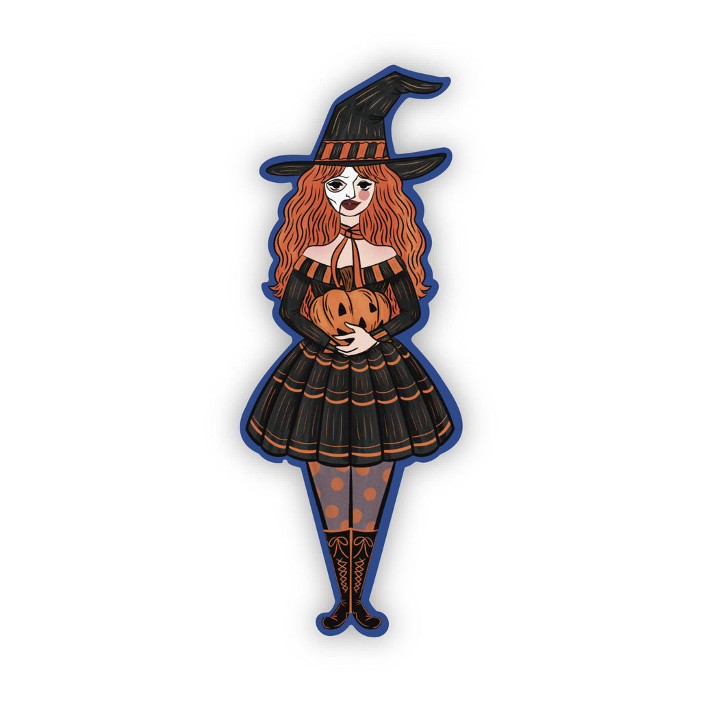 Witch Girl With Phantom of the Opera Mask Holding a Pumpkin Sticker Retro Cute Illustration made of Waterproof Matte Vinyl ST048
