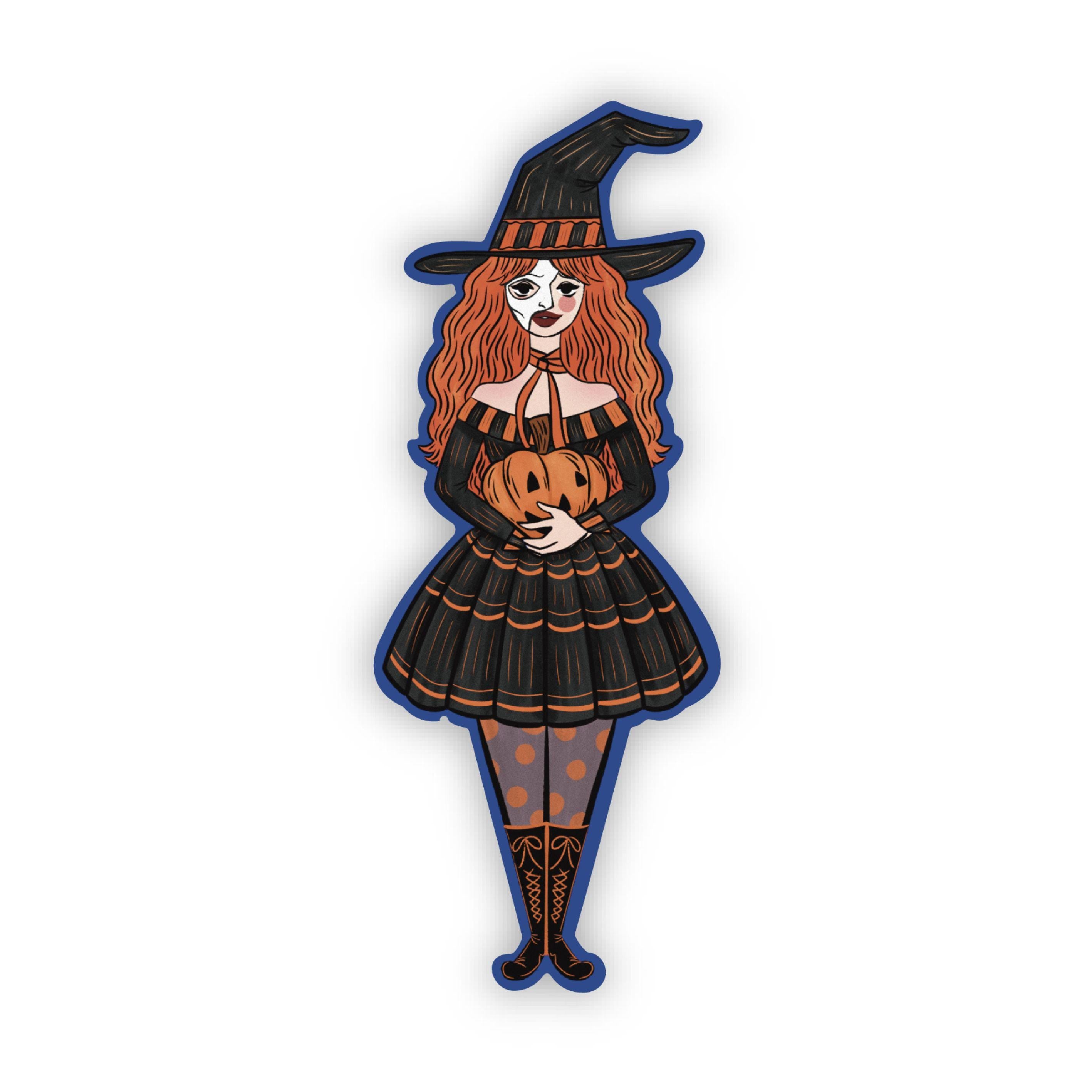 Witch Girl With Phantom of the Opera Mask Holding a Pumpkin Sticker Retro Cute Illustration made of Waterproof Matte Vinyl ST048