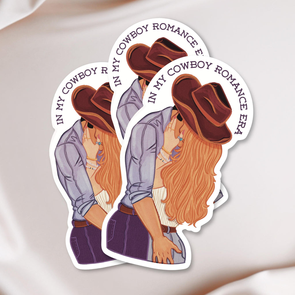 Cowboy Romance Era Sticker: Illustration of a Cowboy and Woman kissing and embracing Booktok Girlie Gift Waterproof Matte Vinyl Decal ST137
