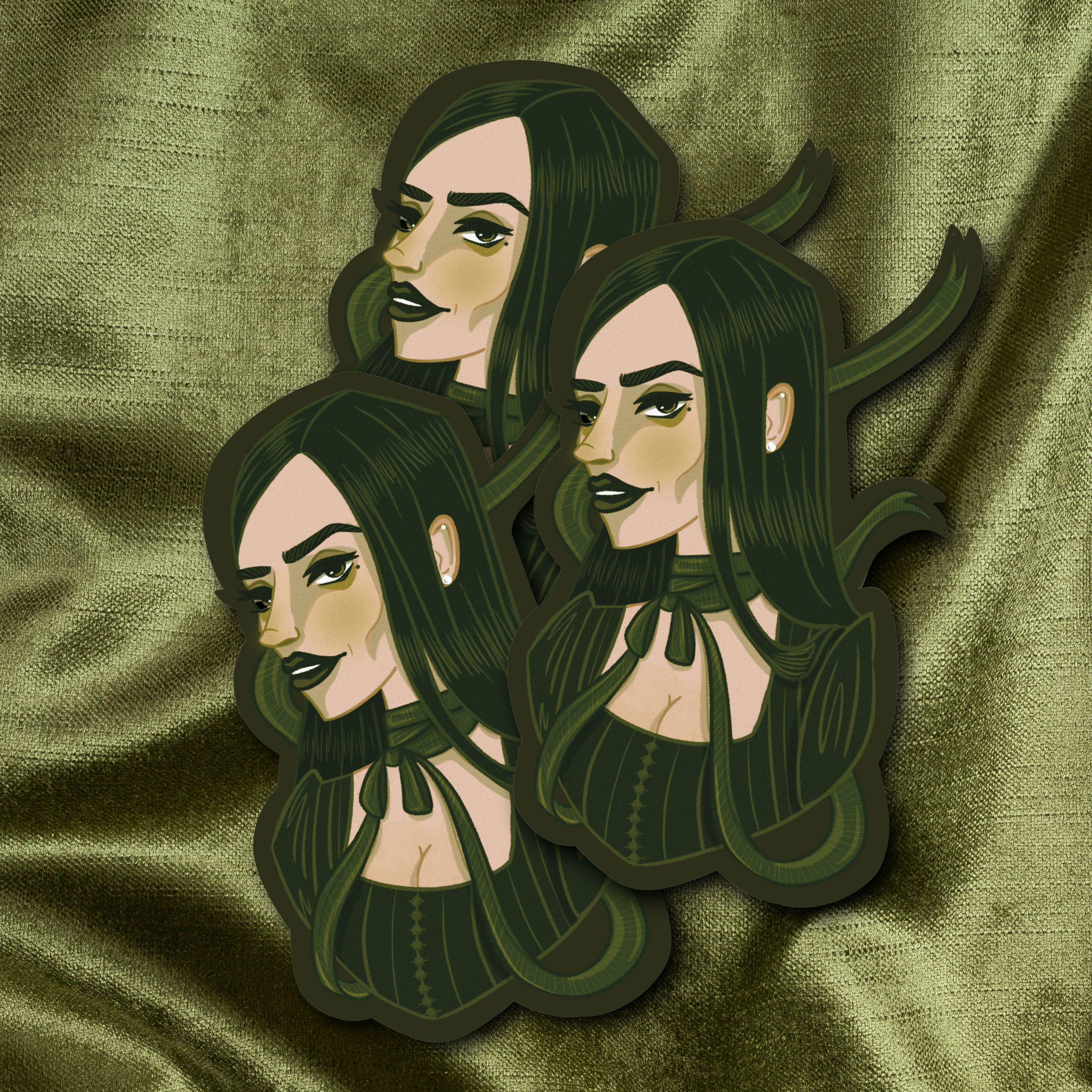 Girl with Green Ribbon Sticker: Illustrated Spooky Gothic Horror Waterproof Matte Vinyl Decal ST013
