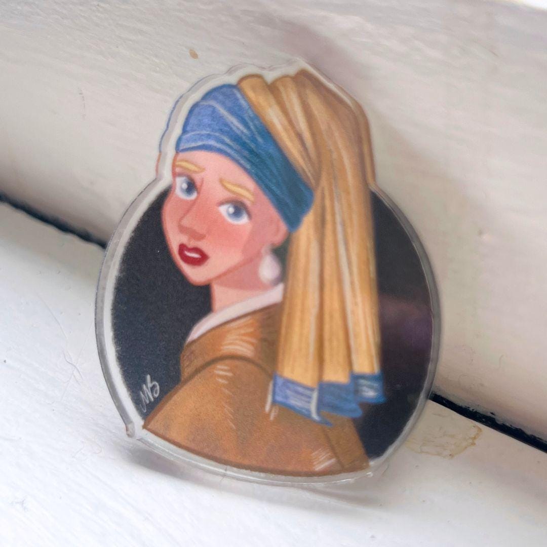 Girl with Pearl Earring Illustration Acrylic Pin Vermeer Art Lover Gift Idea For Teacher Fashion Pin Museum Quality Art Piece Classic Style
