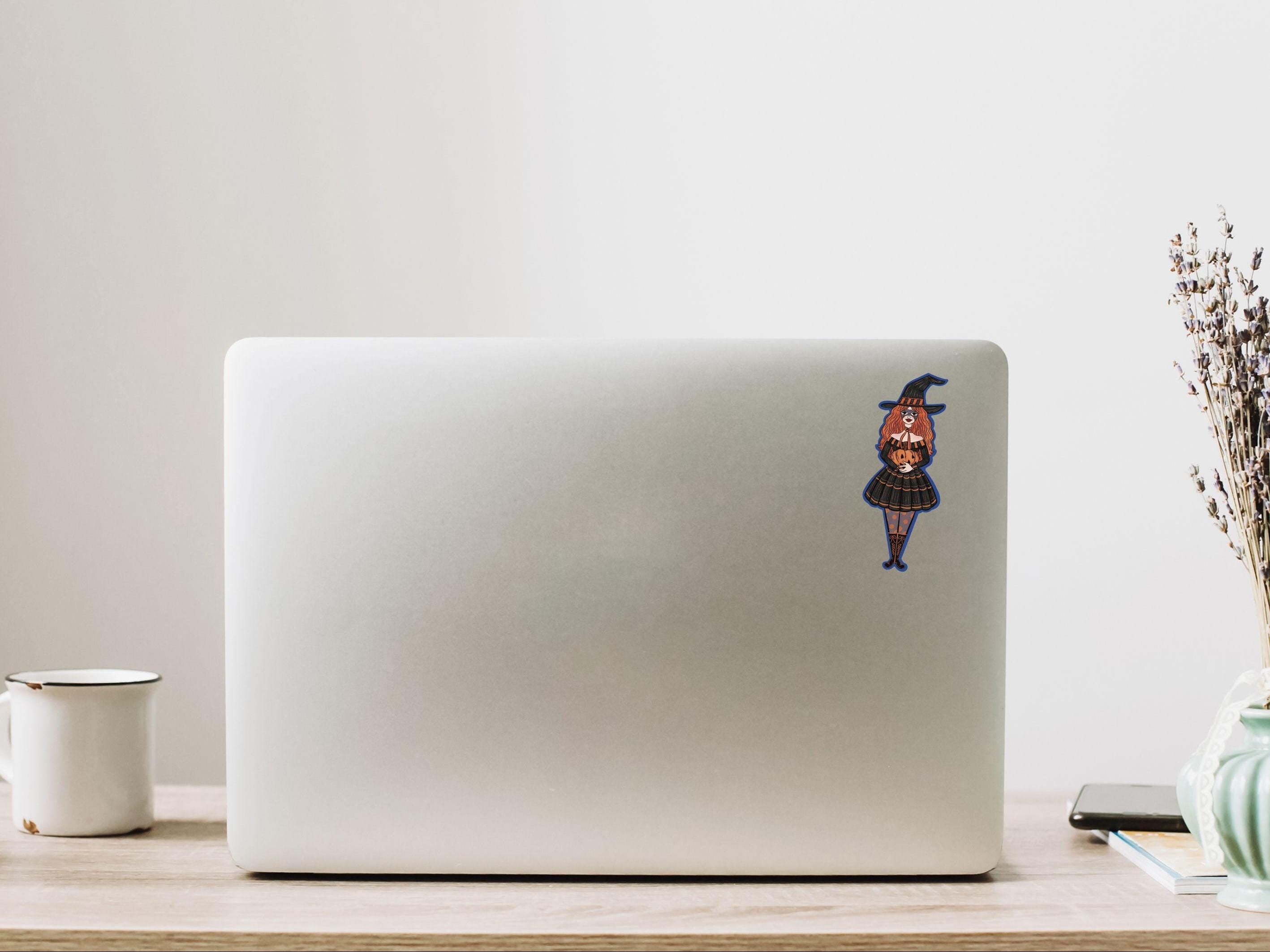 Witch Girl With Mask Holding a Pumpkin Sticker Retro Cute Illustration made of Waterproof Matte Vinyl ST048