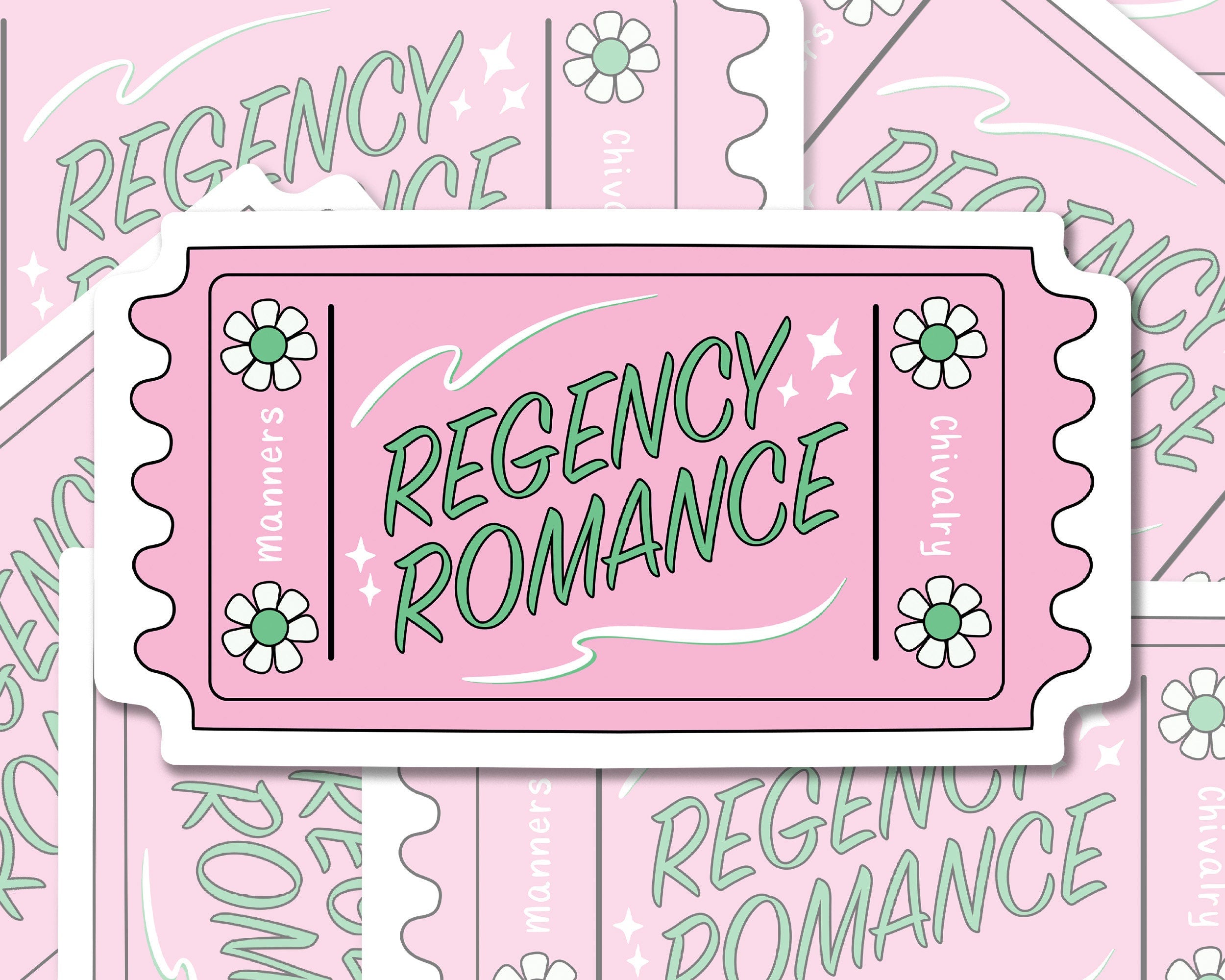Regency Romance Sticker Pink and Green Ticket Stub Decal for Kindle Case and Laptop Cover Waterproof Sticker Bookish Gift Idea for Her ST056