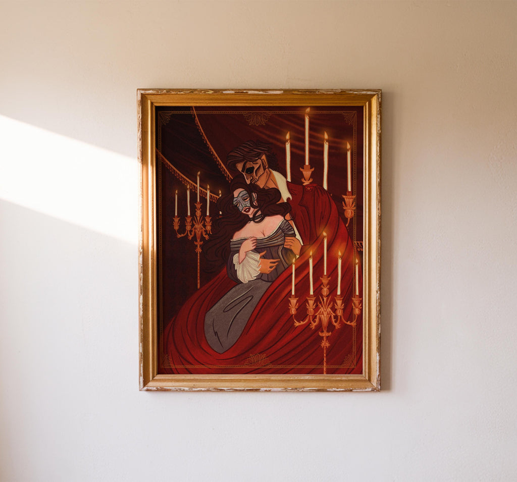 Phantom of The Opera Masquerade Art Print Instant Download for fans of victorian gothic romance illustration with lovers in candlelight art