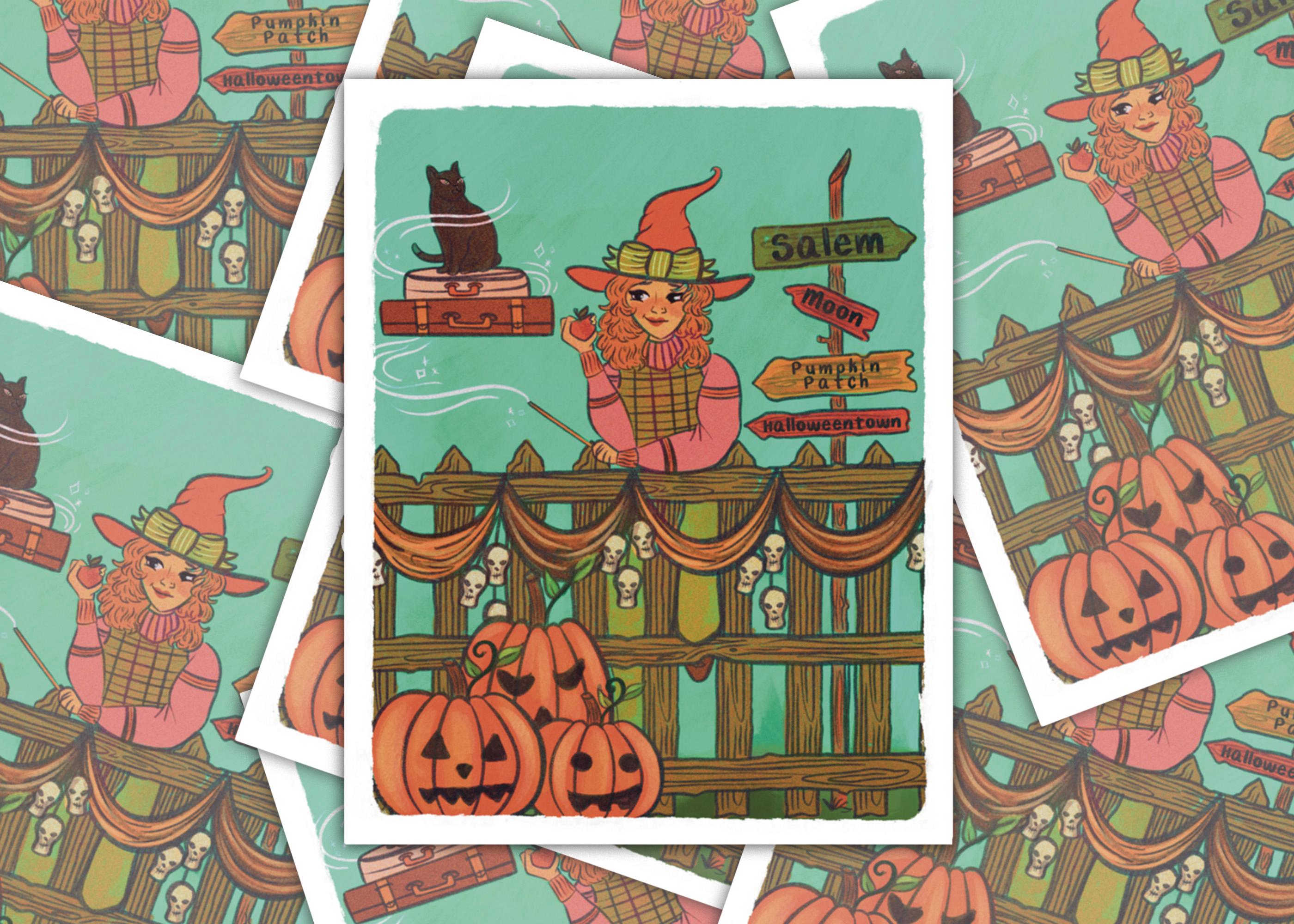 Stop on the way to Salem Illustration with a witch black cat pumpkins cottagecore autumal fall cozy sweater Waterproof Sticker Decal ST071