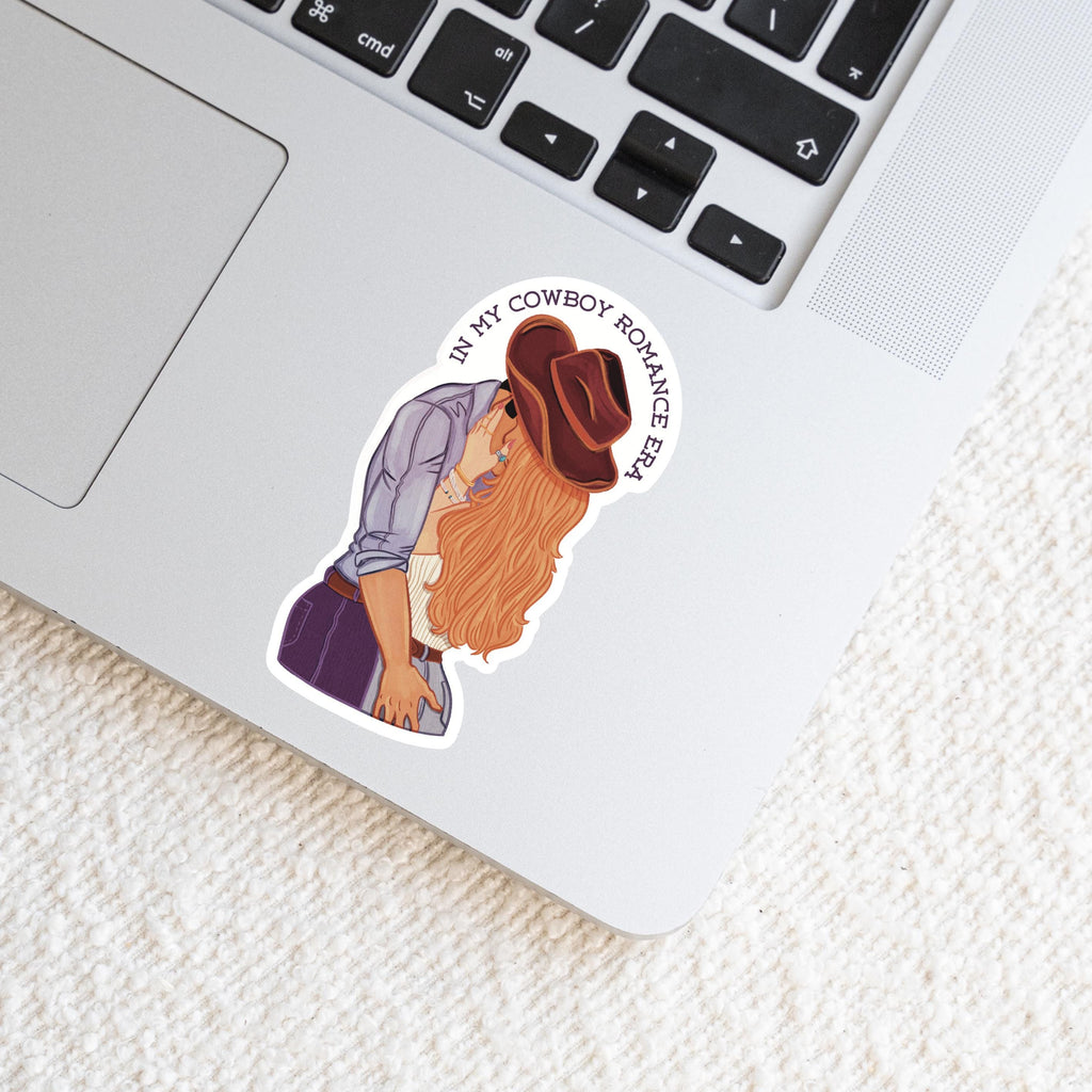 Cowboy Romance Era Sticker: Illustration of a Cowboy and Woman kissing and embracing Booktok Girlie Gift Waterproof Matte Vinyl Decal ST137