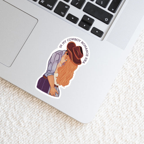 Cowboy Romance Era Sticker: Illustration of a Cowboy and Woman kissing and embracing Booktok Girlie Gift Waterproof Matte Vinyl Decal ST137