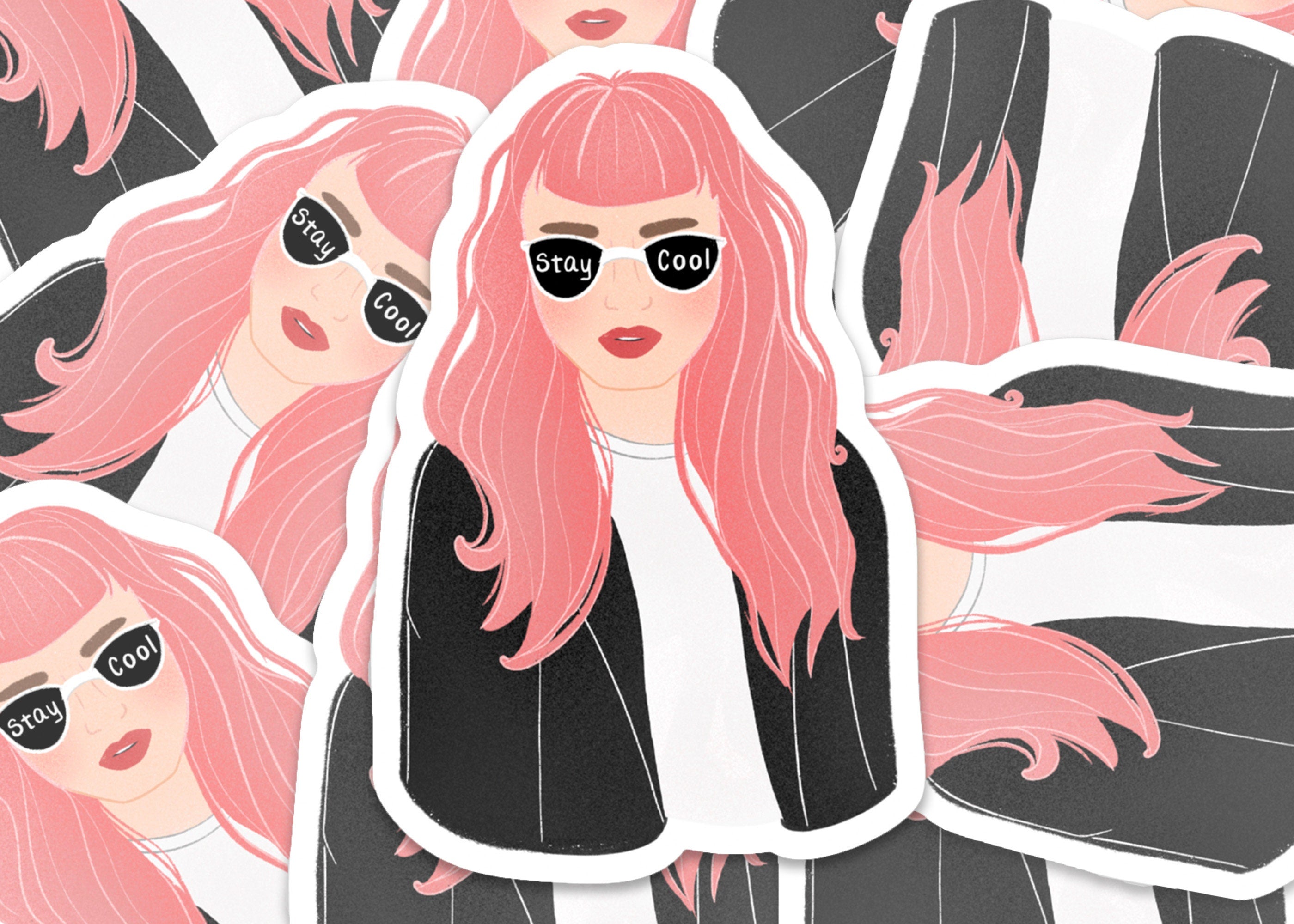 Pink Hair Leather Jacket Sticker: Illustrated Female Portrait Aesthetic Cool Girl Waterproof Matte Vinyl Decal ST036