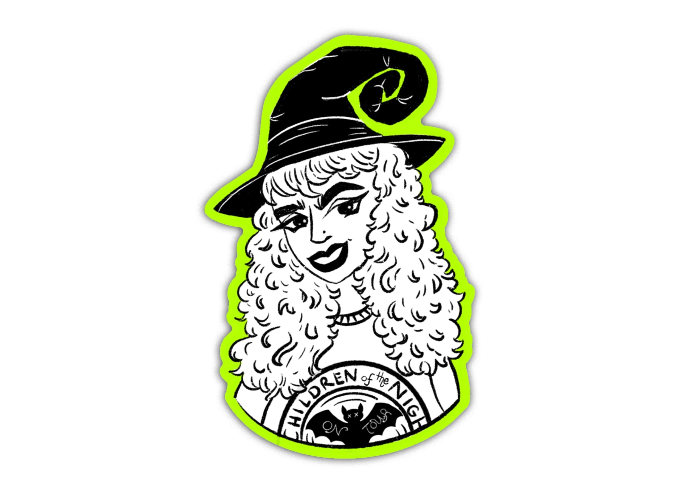 Witch Sticker Cute Girly Illustration Black White and Lime Green decal for laptop cover kindle case sticker gift idea for girl friend ST051