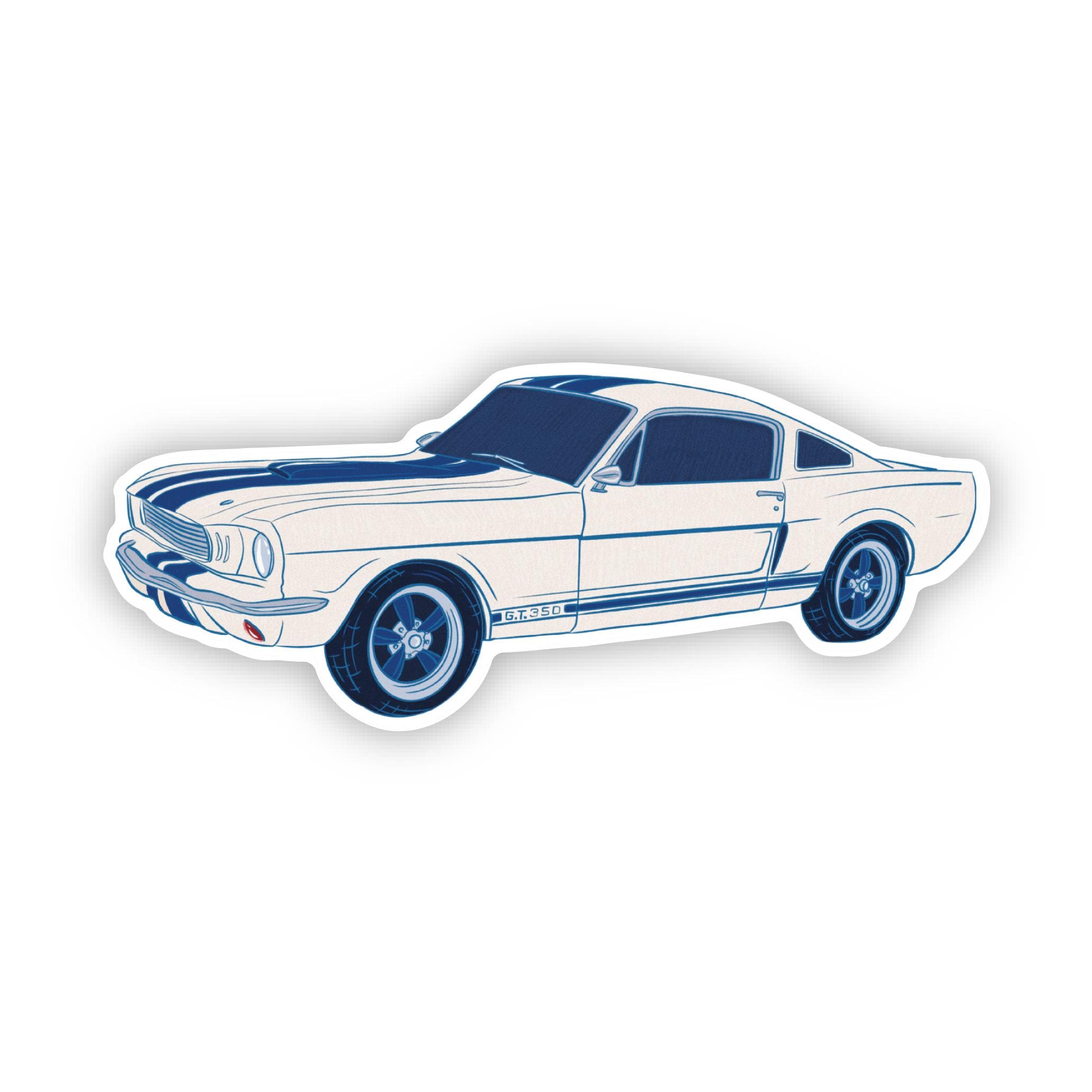 1967 Mustang Coupe Sticker: Blue Racing Stripes, Classic Car Art Race Car Enthusiast Illustration Waterproof Matte Vinyl Decal ST133