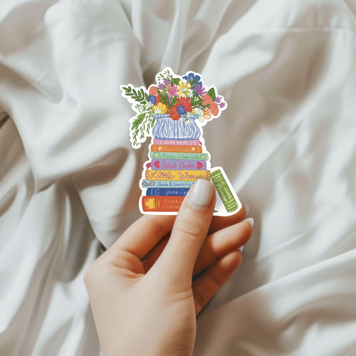 Classic Book Stack Sticker Illustrated Floral Literary Vinyl Decal Cozy Cottagecore Aesthetic Book Lover Gift Idea Jane Austen Reader ST121