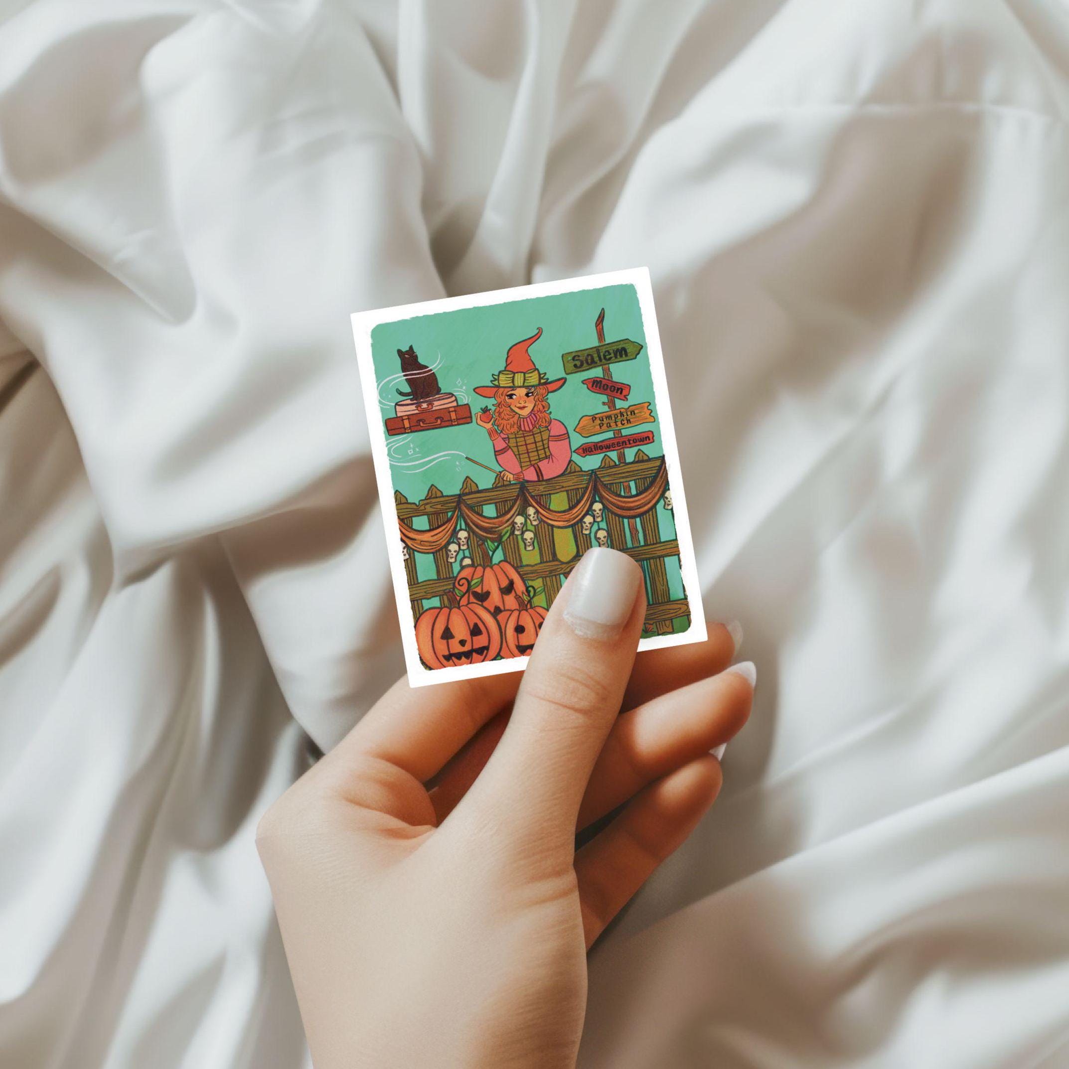 Stop on the way to Salem Illustration with a witch black cat pumpkins cottagecore autumal fall cozy sweater Waterproof Sticker Decal ST071