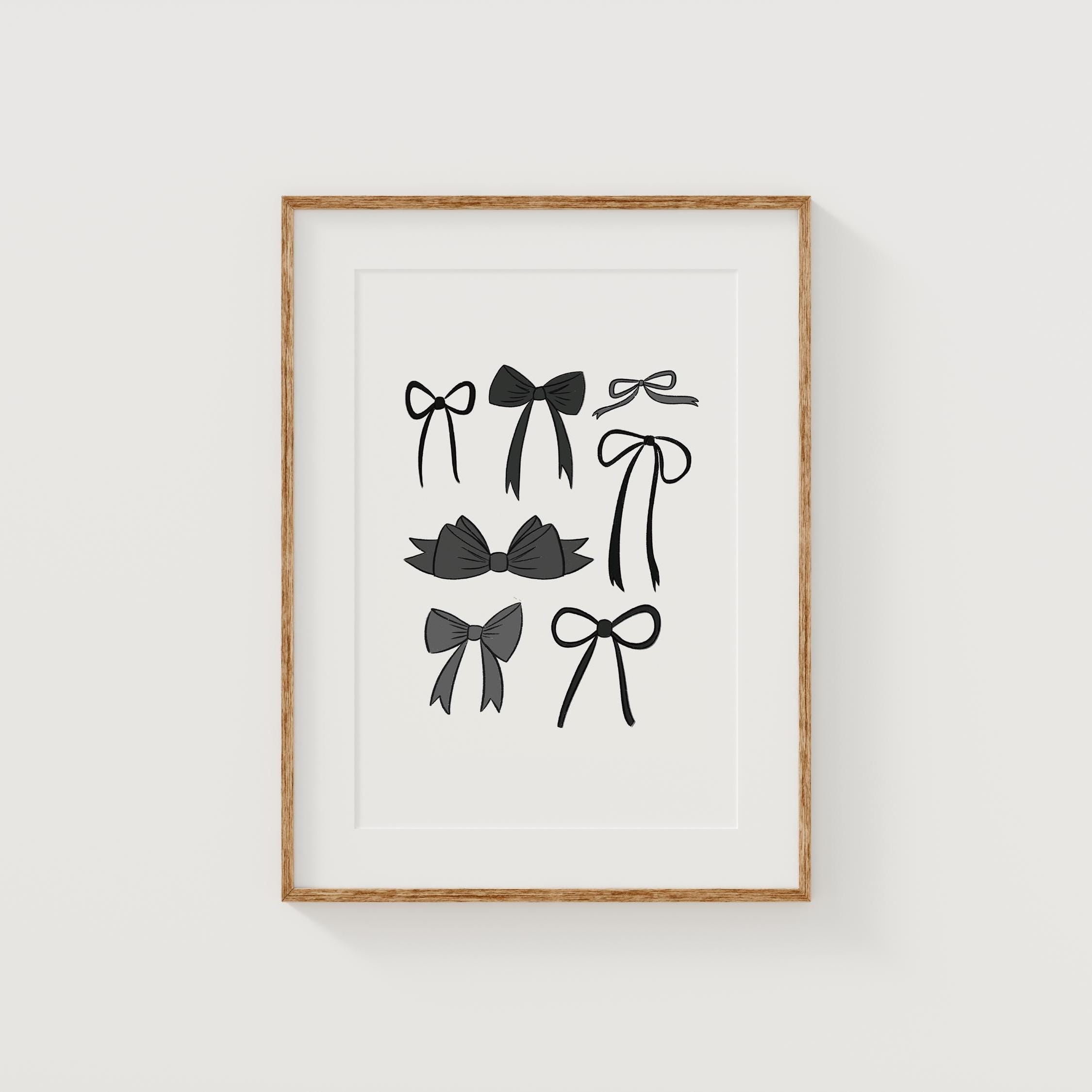Black Coquette Bows Instant Download Art Print Original Illustrations of Assortment of Bows for Moody Goth Feminine Apartment Aesthetic DIY