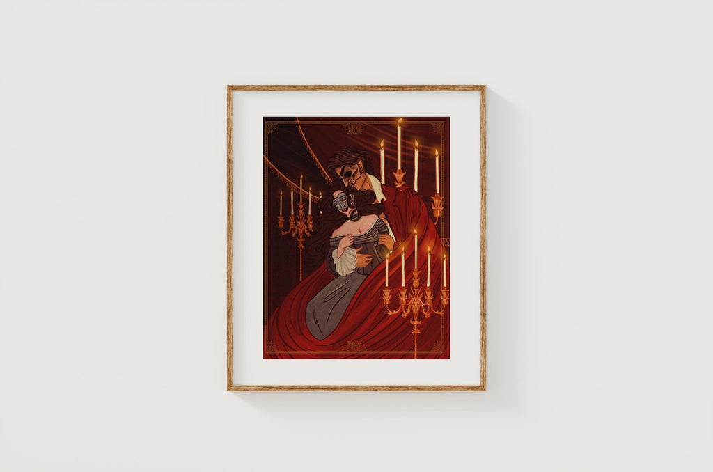 Phantom of The Opera Masquerade Art Print Instant Download for fans of victorian gothic romance illustration with lovers in candlelight art