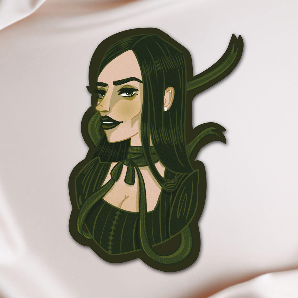 Girl with Green Ribbon Sticker: Illustrated Spooky Gothic Horror Waterproof Matte Vinyl Decal ST013