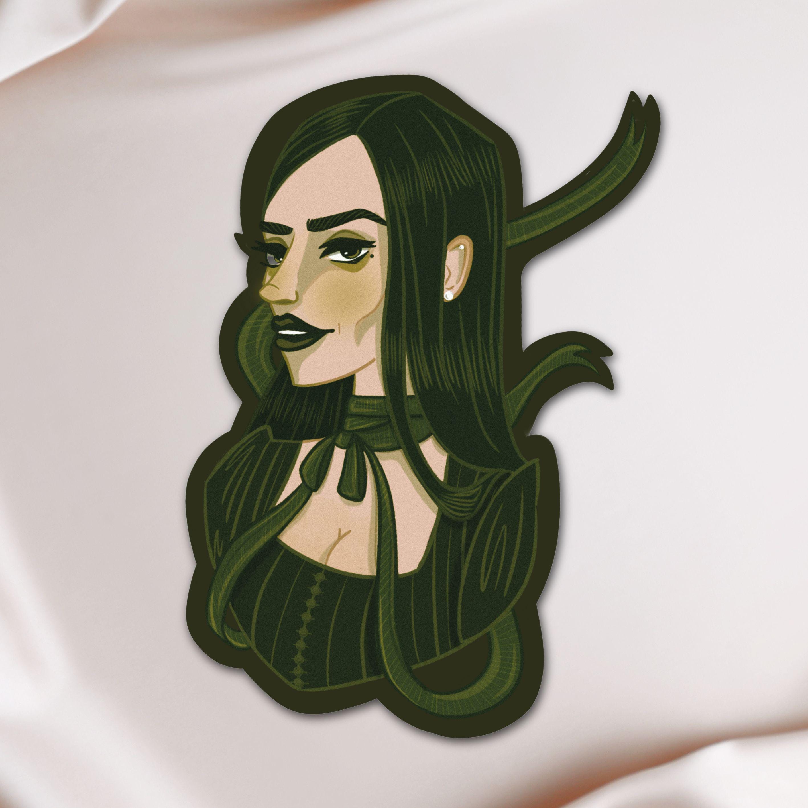 Girl with Green Ribbon Sticker: Illustrated Spooky Gothic Horror Waterproof Matte Vinyl Decal ST013
