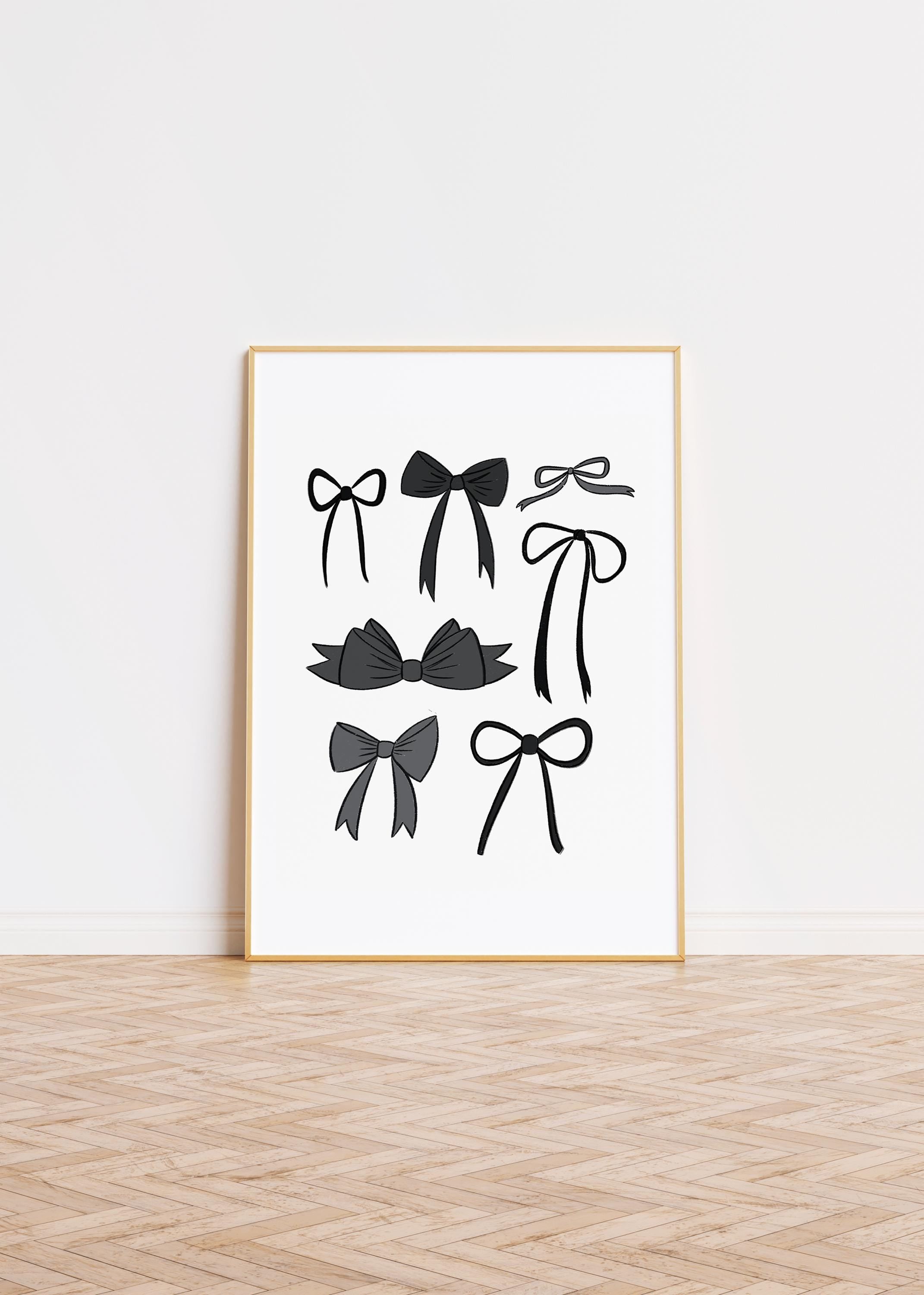 Black Coquette Bows Instant Download Art Print Original Illustrations of Assortment of Bows for Moody Goth Feminine Apartment Aesthetic DIY