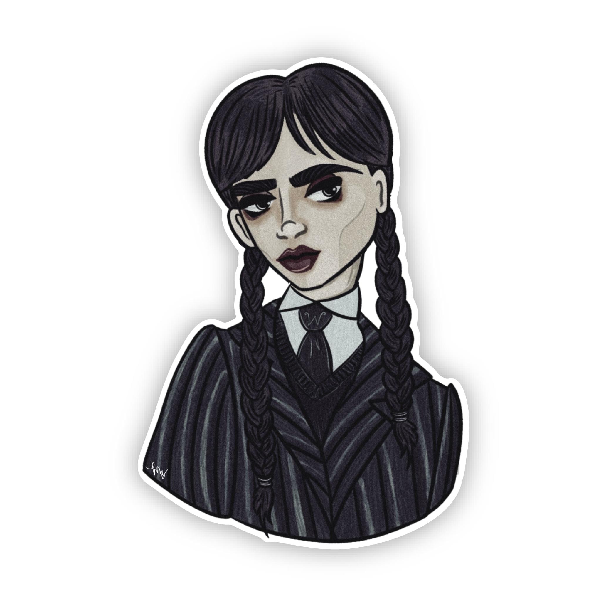 Gothic Girl With Pigtails Moody Kooky and Altogether Spooky Portrait Gift Idea for Wednesday Fans Illustration Decal for Laptop Kindle ST135