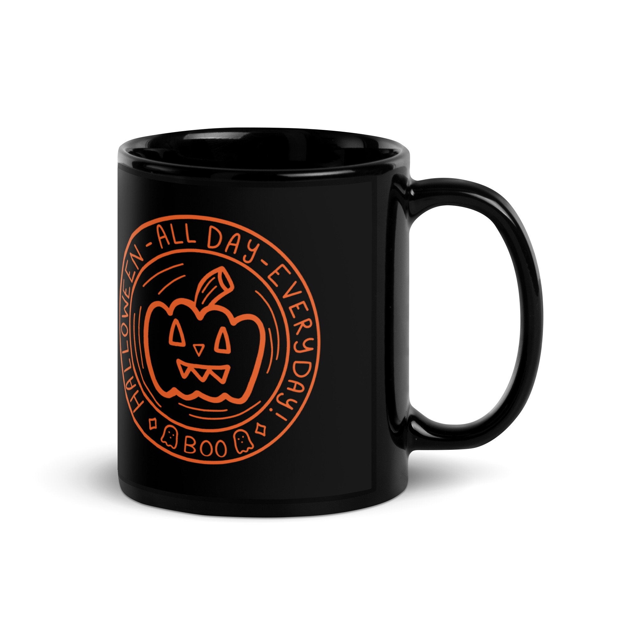 Halloween All Day Every Day Black Glossy Coffee and Tee Mug for the Spooky Gothic Halloween Fanatic Black and Orange Pumpkin Scary Core Cup